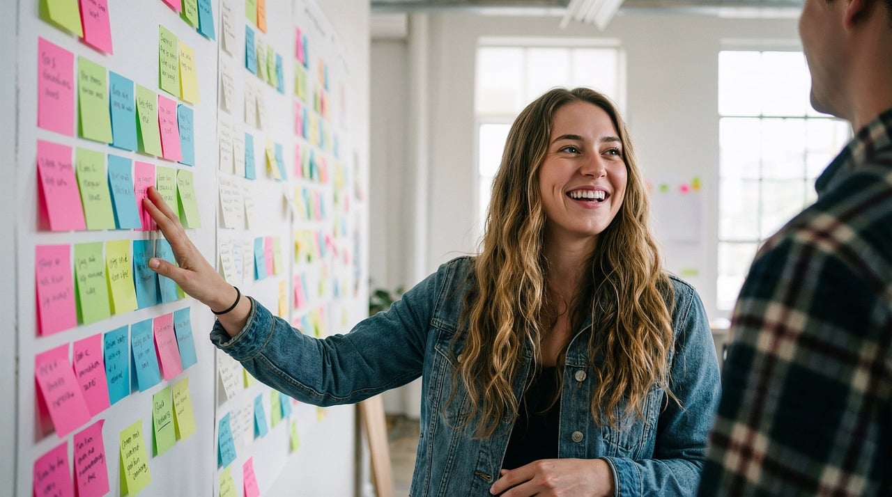brainstorming, creativity, sticky notes, teamwork, collaboration, workshop, planning, ideas, strategy, innovation, colorful, smiling, students, project, design thinking, office, startup, cooperation, learning, discussion, ai generated
