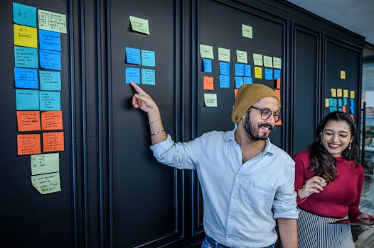 Creative professionals brainstorming with sticky notes on a wall.
